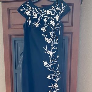 THEIA Black and White Beaded Vine Crepe Gown